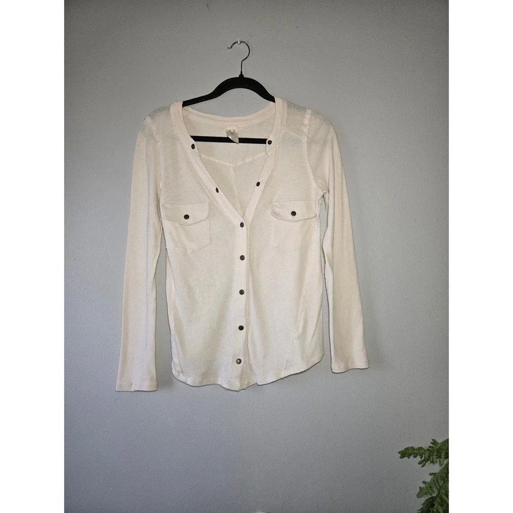 Free‎ People We The Free Ivory Snap Front Henley Top Small Boho Thermal Cotton
